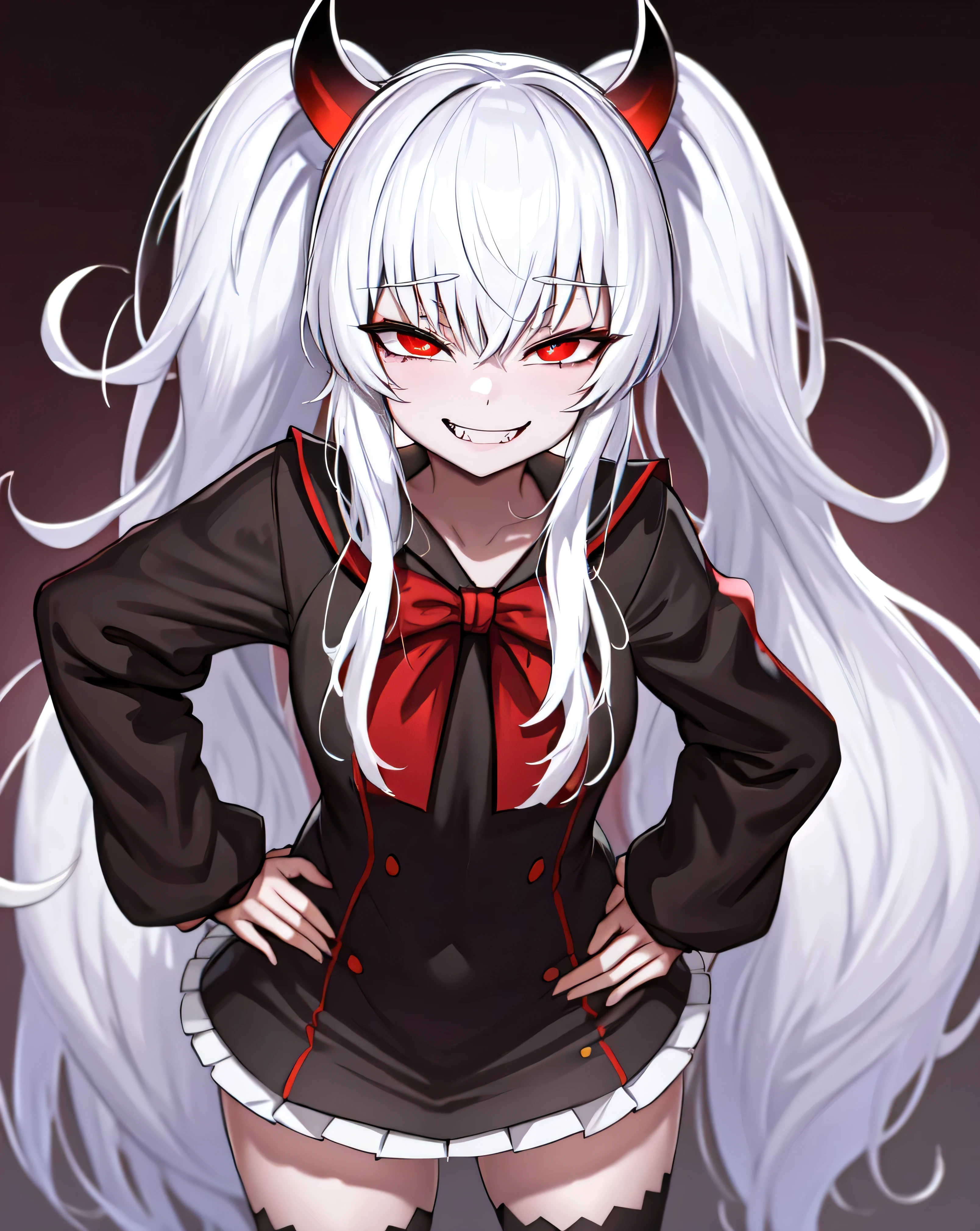 1girl,solo,grim aloe,demon horns, black_dress,standing,cowboy shot,  demon wings, albino,evil smile, naughty face, hand on hip, ojou-sama pose,  sadistic smile,deep shaded face(eyes in shadow),singlebraid,smile worst,worst ridecule,most evil moukery,,onebraid,,two hands,five fingers,dark aura background,A face full of evil,most evil ridicule,黒いセーラー服,oily skin,shiny skin,