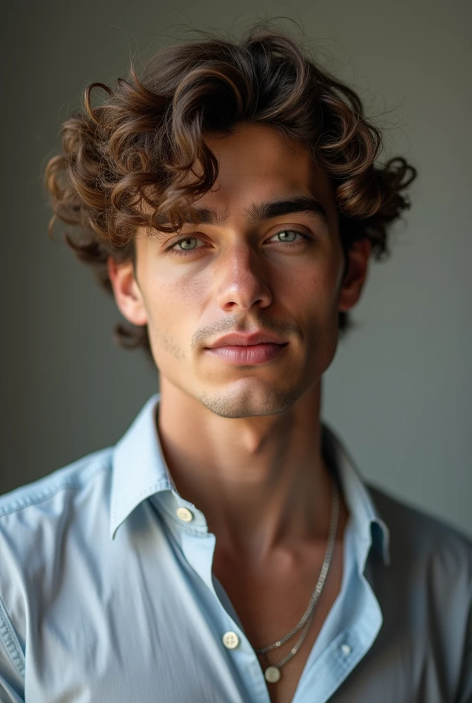 Boy with cool face and attitude  age of 22 gentleman look little curly hair wearing shirt 
