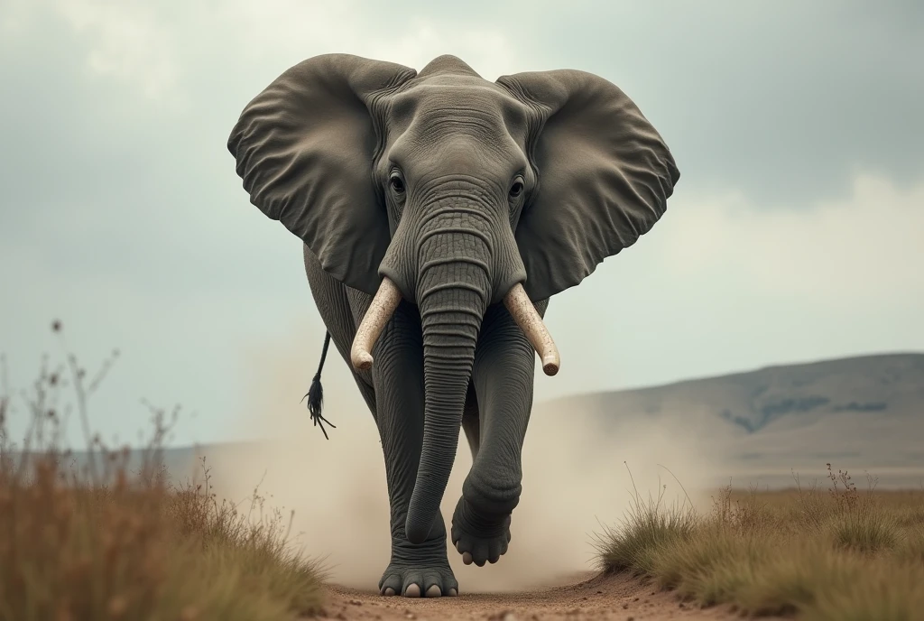 Create a captivating, hyper-realistic, AI-generated artwork of a large African elephant running towards the camera. The elephant should be depicted with its massive tusks prominently visible, emphasizing its powerful and imposing presence. Capture the detailed texture of the elephant's rough skin and the grandeur of its size as it charges forward with dynamic, intense motion.

The scene should focus on the movement of the elephant, showing its powerful legs in mid-stride, with dust and grass being kicked up from its rapid pace. The low grassland should reflect the energy of the scene, with visible trails and disturbances caused by the elephant's run. In the background, include a distant hill and a gray, overcast sky, contributing to the dramatic atmosphere.

Use natural, earthy tones to depict the elephant and its environment, highlighting the contrast between the elephant’s gray skin and the muted colors of the grass and sky. The lighting should be soft and diffuse, reflecting the overcast conditions while emphasizing the movement and intensity of the elephant’s run.

The style should be hyper-realistic yet artistic, focusing on the elephant's dynamic movement and the raw power of its stride. The final artwork should be high-resolution and visually striking, capturing the strength and energy of the elephant in its natural setting.