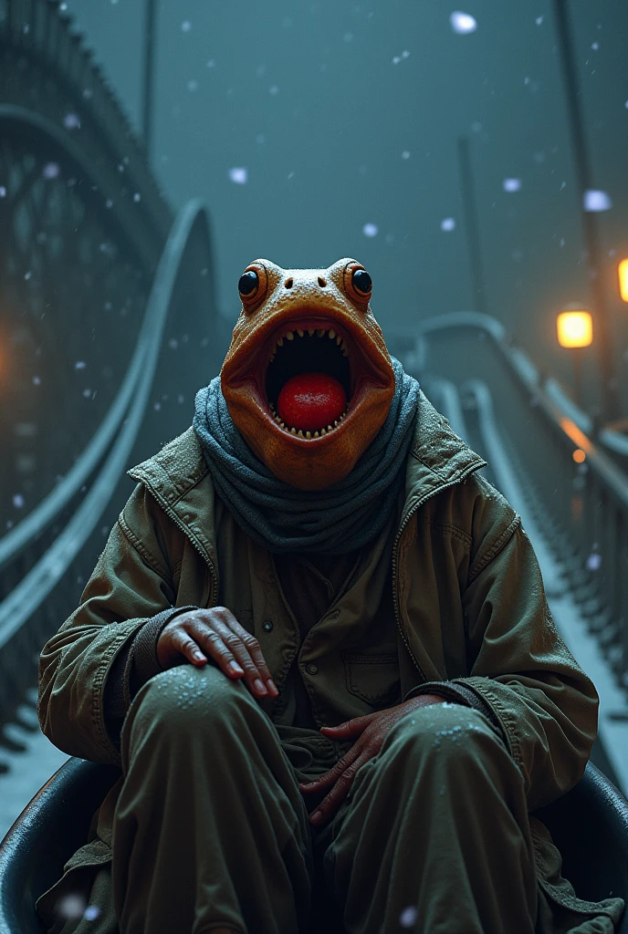 
a beggar, wearing worn and torn clothes, is riding a roller coaster at night, under a heavy snowfall. He is in the middle of swallowing a big red frog, with the mouth wide open and the frog partially inside. The surrounding scenery is of steep, curved roller coasters., with the snow falling heavily, reflecting the park&#39;s artificial lighting. The beggar has an expression of surprise or fear, highlighted by the dim lighting and shadows that the snow and night create in the environment.