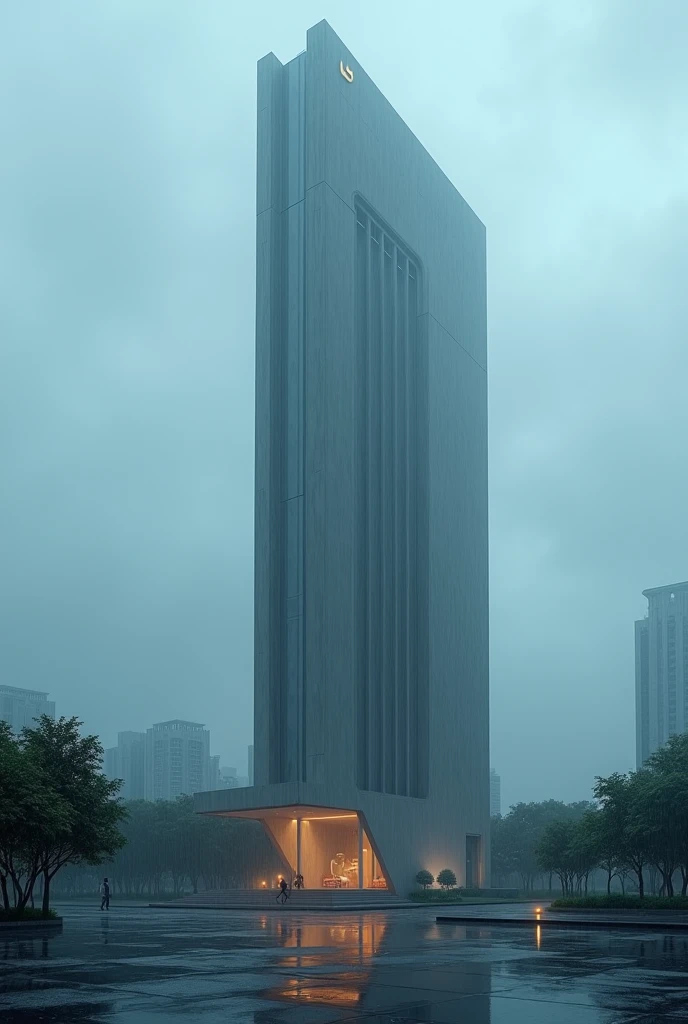 A realistic picture of a tall & modern concrete building, in an indian city, beautiful background of raining. Bluish tone