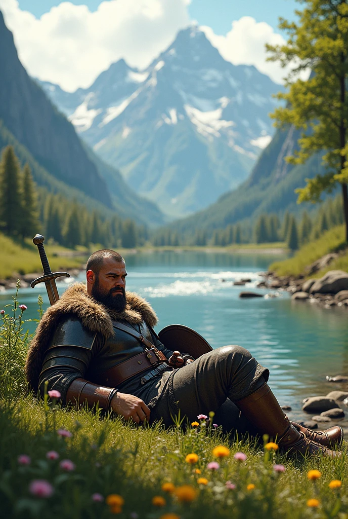 a warrior man dressed in medieval clothing lying on the grass next to a flowing river with mountains in the background of the landscape