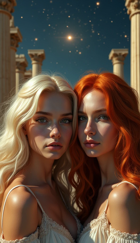 (masterpiece), (Highest quality), Photorealistic, Raw photo, Realistic, Cinematic Light, Very beautiful twin goddess sisters, Blonde and red hair, Staring at the camera with moist eyes, Greek Temple , Under the Gemini Stars 