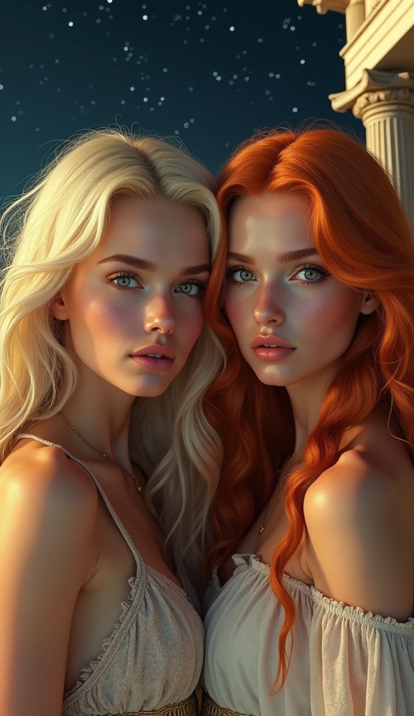 "A professional, high-definition image of a beautiful red-haired woman standing next to a blonde woman. Both women have large, well-defined breasts. The image should be highly detailed, with a focus on their facial features, hair texture, and clothing. The scene should be natural, with professional lighting and a clean, polished background. The overall composition should be balanced and visually appealing, highlighting the beauty and elegance of both women, without clothes, naked, undressed