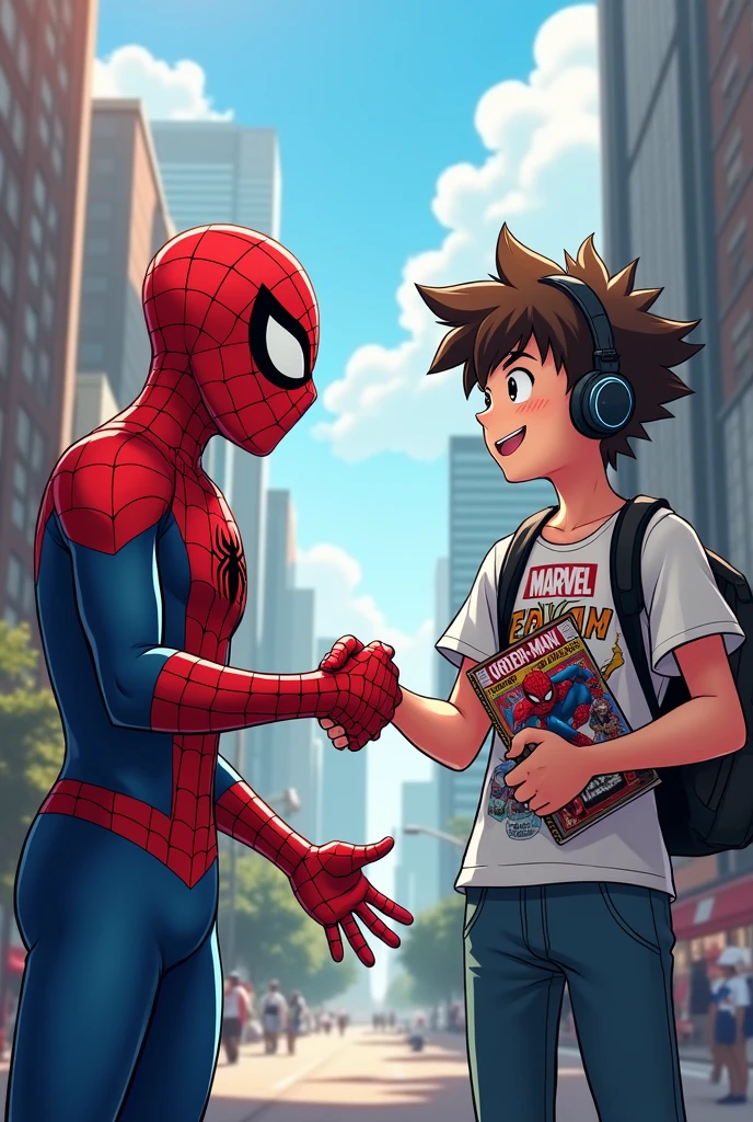 Create a gamer anime boy image shaking hands with spider man 
Boy holding a marvel Spider-Man comic book