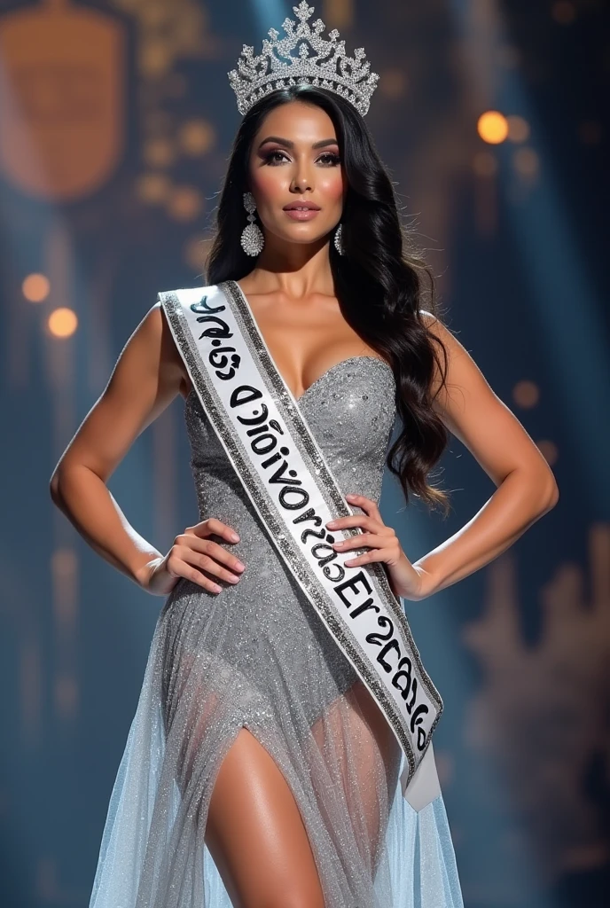 Miss universe, silver long kebaya brookat dress, at miss universe stage, wear crown, elegant, beautiful, 38 C huge boobs, slim, don't smile, sexy vibes. Sharp eyes, cool, bold make up.  Sash Miss Universe 2026. 