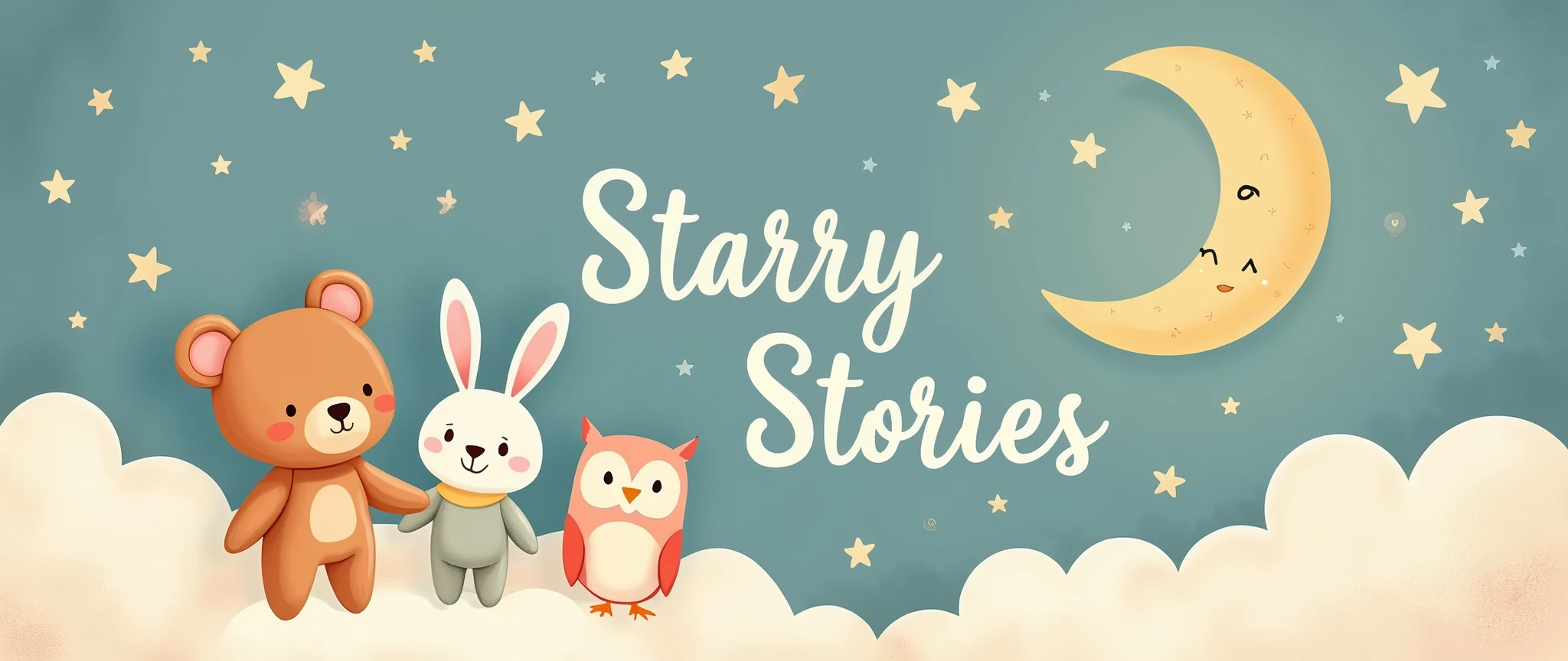 Create a banner for a YouTube channel specializing in the theme of bedtime stories in style The channel will post cute, kind, instructive and soothing stories for babies with a quality video accompaniment of animated illustrations in a cute style. It should warm and pleasant associations with a wonderful childhood. Channel name - Starry Stories