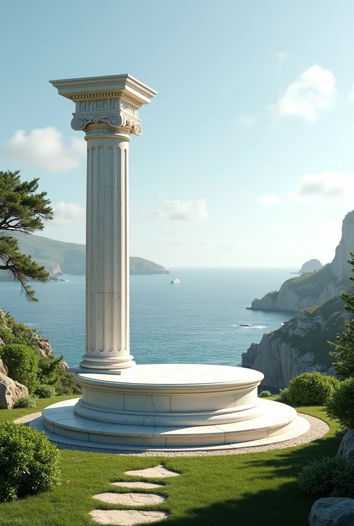 Round roman pedestal,on green grass and vast ocean in background
