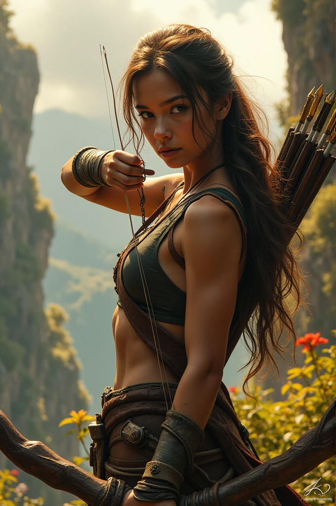 ((1 fille, posture dynamique de l'archer, posture de tir à l'arc détaillée:1.5)), arche complexe, mouvement dramatique, silhouette accrocheuse, Cheveux flottants, concentration intense, muscular physique, texture de peau réaliste, Haute qualité, 8k, Éclairage cinématographique, ombres dramatiques, tons de couleurs chaudes, couleurs vives, fond de paysage fantastique, végétation luxuriante, falaise rocheuse, ciel dramatique, action dynamique, composition saisissante, chef-d'œuvre, Photoréaliste, hyper détaillé