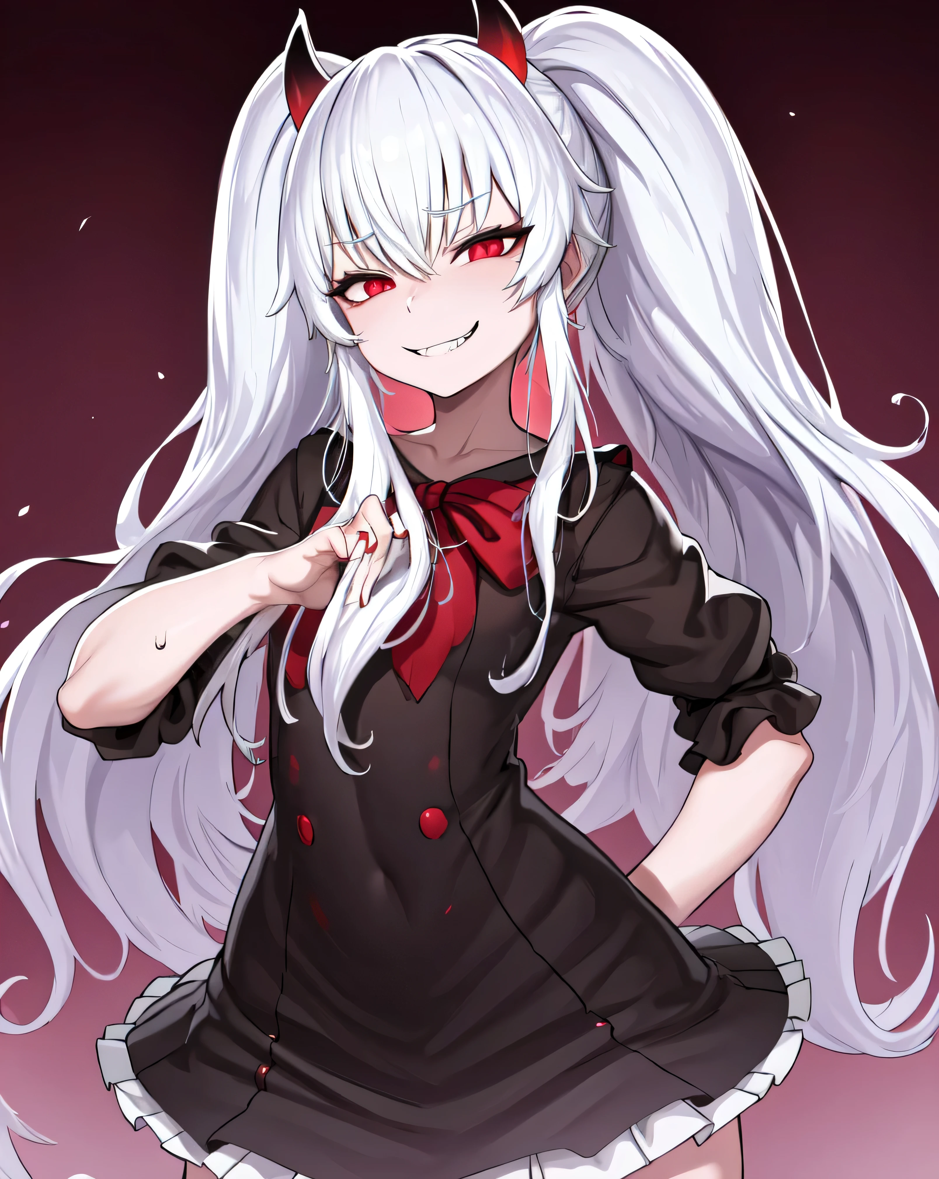 1girl,solo,grim aloe,demon horns, black_dress,standing,cowboy shot,  demon wings, albino,evil smile, naughty face, hand on hip, ojou-sama pose,  sadistic smile,deep shaded face(eyes in shadow),singlebraid,smile worst,worst ridecule,most evil moukery,,onebraid,,two hands,five fingers,dark aura background,A face full of evil,most evil ridicule,黒いセーラー服,oily skin,shiny skin,