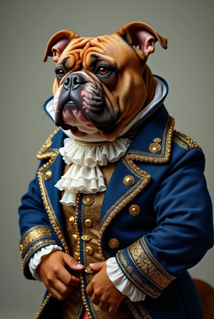 Upset black american bully in old British royal clothes headshot turned to right with shoulders in frame with folded arms