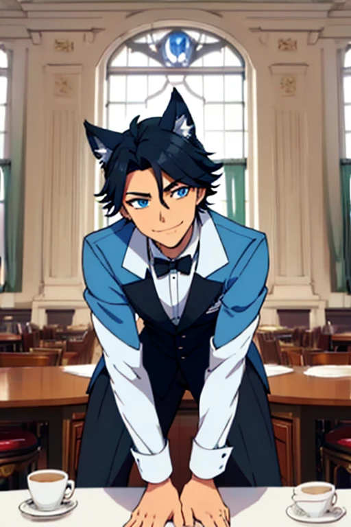 Perfect face. Perfect hands. A handsome black haired man with blue eyes and dark blue wolf ears and a dark blue wolf tail in a butler's uniform is smiling while leaning forward in a fancy butler's cafe