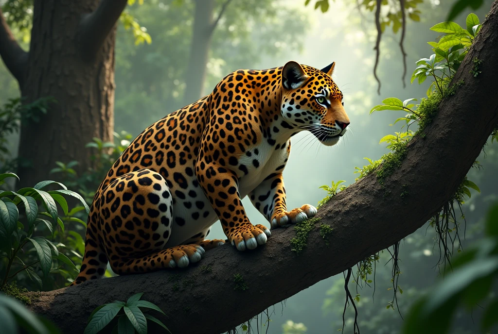 Create a captivating, hyper-realistic, AI-generated artwork of a jaguar perched on a tree in its natural habitat. The jaguar should be depicted resting or crouching on a sturdy branch, showcasing its distinctive rosette-patterned coat and powerful, muscular build. Capture the detailed texture of the jaguar’s fur and the gracefulness of its posture as it surveys its surroundings.

The scene should reflect the lush Amazon rainforest, with dense foliage, towering trees, and a variety of undergrowth surrounding the tree. Include details such as the textured bark of the tree, the dappled light filtering through the canopy, and the rich, vibrant colors of the rainforest vegetation.

Use natural, earthy tones to depict the jaguar and its environment, highlighting the contrast between the jaguar’s coat and the green foliage. The lighting should be soft and natural, with sunlight filtering through the leaves and casting gentle shadows on the jaguar and the tree.

The style should be hyper-realistic yet artistic, focusing on the jaguar’s majestic presence and the richness of its forest habitat. The final artwork should be high-resolution and visually striking, capturing the elegance and power of the jaguar as it rests in its natural setting.

