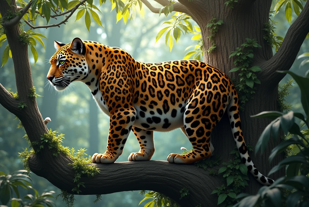 Create a captivating, hyper-realistic, AI-generated artwork of a jaguar perched on a tree in its natural habitat. The jaguar should be depicted resting or crouching on a sturdy branch, showcasing its distinctive rosette-patterned coat and powerful, muscular build. Capture the detailed texture of the jaguar’s fur and the gracefulness of its posture as it surveys its surroundings.
The scene should reflect the lush Amazon rainforest, with dense foliage, towering trees, and a variety of undergrowth surrounding the tree. Include details such as the textured bark of the tree, the dappled light filtering through the canopy, and the rich, vibrant colors of the rainforest vegetation.
Use natural, earthy tones to depict the jaguar and its environment, highlighting the contrast between the jaguar’s coat and the green foliage. The lighting should be soft and natural, with sunlight filtering through the leaves and casting gentle shadows on the jaguar and the tree.
The style should be hyper-realistic yet artistic, focusing on the jaguar’s majestic presence and the richness of its forest habitat. The final artwork should be high-resolution and visually striking, capturing the elegance and power of the jaguar as it rests in its natural setting.