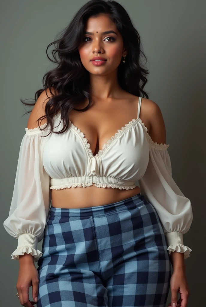 woman, long wavy black hair, large bust, wide hips, chubby, low-cut white blouse with flower embroidery, blue denim pants, looking at the camera, photorealistic
