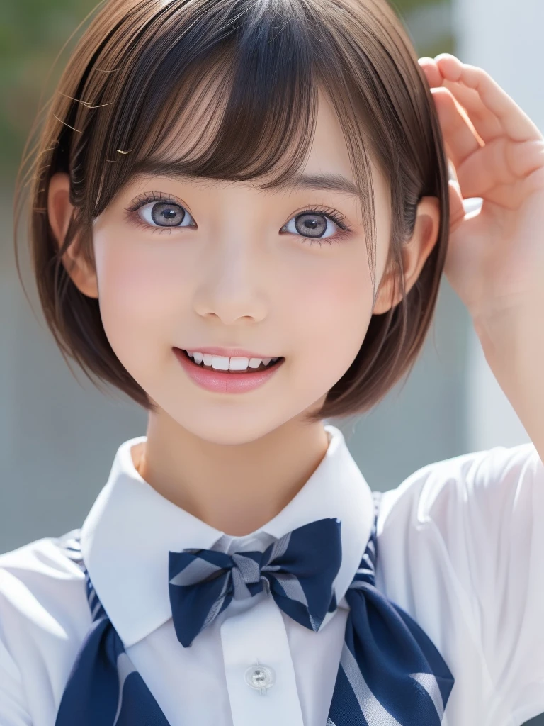 NSFW,(A portrait of a young cutie beautiful girl in school uniform:1.5), with a bright expression, glowing white skin,break,shimmering cheek, small face,(best looks:1.5),break,(silver short hair:1.5),break,(shimmering clear alluring bright large pale blue eyes,downturned eyes,charming eyes,balanced eyes,eyeliner,charming smile,perfect bust:1.25),masterpiece,photorealistic, 16k, high quality, masterpiece,realistic portrait,high resolution fix,(Ecstasy,Orgasm face,sexual climax:1.25)
