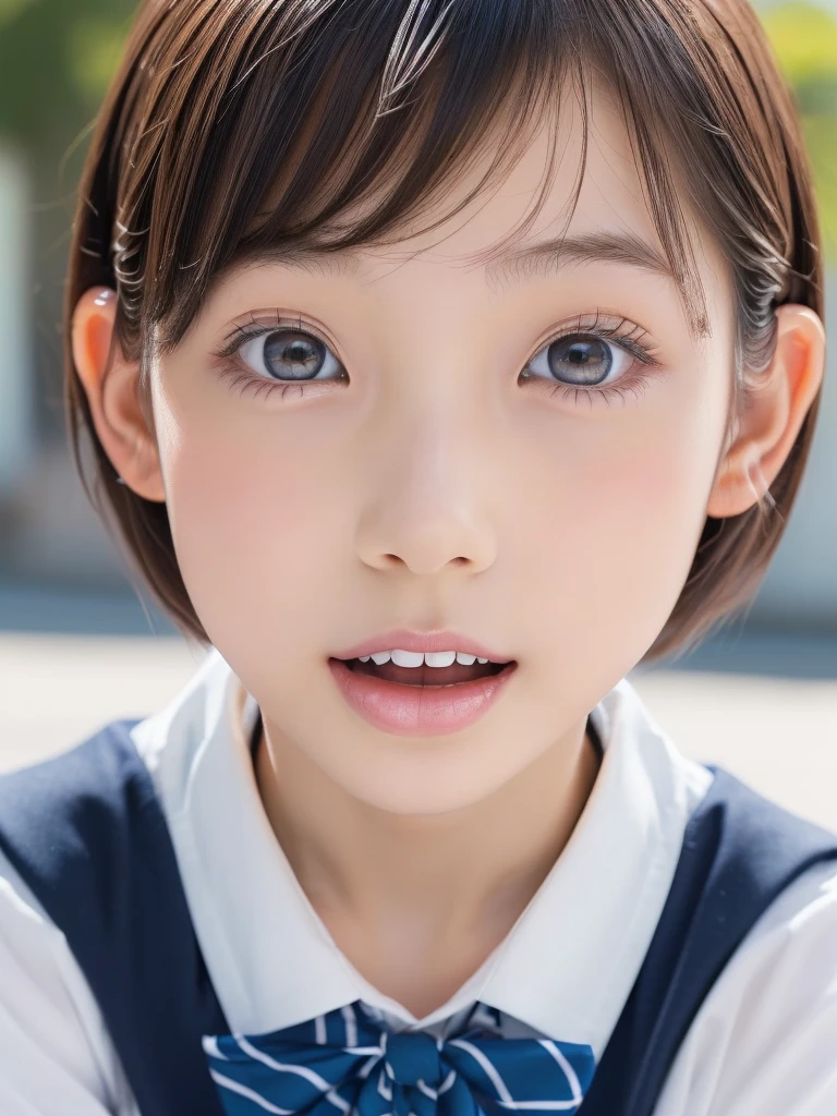 NSFW,(A portrait of a young cutie beautiful girl in school uniform:1.5), with a bright expression, glowing white skin,break,shimmering cheek, small face,(best looks:1.5),break,(silver short hair:1.5),break,(shimmering clear alluring bright large pale blue eyes,downturned eyes,charming eyes,balanced eyes,eyeliner,charming smile,perfect bust:1.25),masterpiece,photorealistic, 16k, high quality, masterpiece,realistic portrait,high resolution fix,(Ecstasy,Orgasm face,sexual climax:1.25)