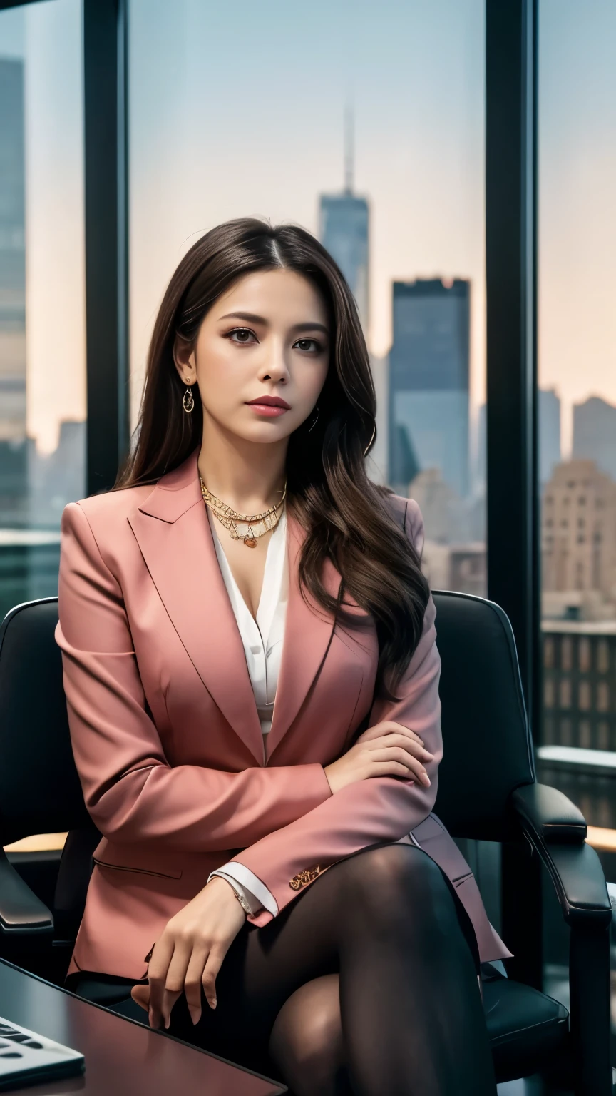 8k, highest quality, ultra details, hispanic girl, business attire, office setting, leadership, professionalism, sitting, sitting in a luxurious office, the backgroup behind has glass panels that can see high-rise buildings in New York char_Anya, wear rose-tinted glasses, wear jewelry, look directly