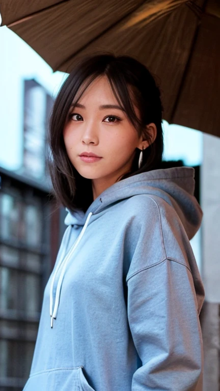 (Highest quality,masterpiece:1.3,Ultra-high resolution),(Super detailed,Caustics,8k), (Photorealistic:1.4, RAW shooting),Japanese,20-year-old,Natural brown short hair,Earrings,Natural Makeup,Red lipstick,smile,Black hoodie,jeans,Rainy Sky,Dim Alley,Low position,Low - Angle,Waist up shot