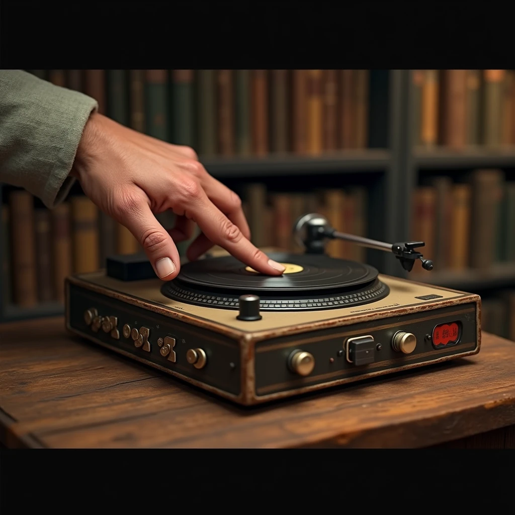 A finger pressing play on an old music player 