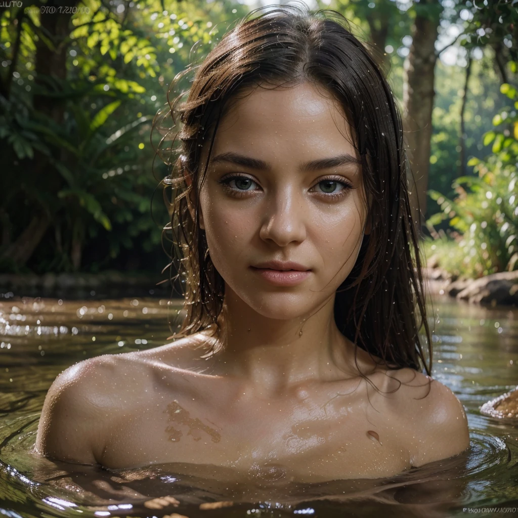 Young naked woman is sitting in the water, SEIOS NATURAIS e  Linda, donzela bonita, clivagem, ultra realista, Ensopada, in water up to her shoulders, louro, realista e bonita, nymph in the water, Retrato hiper-realista em um rio, arte de fantasia hiperrealista, Espirrar, realista, tiro bonito, profundidade de campo estreita, 8k, NSFW, Encharcado, ((embebido)), dripping water, dripping oil, soaked in oil, Molhado por toda parte, Batom Rouge, cabelo molhado pingando,