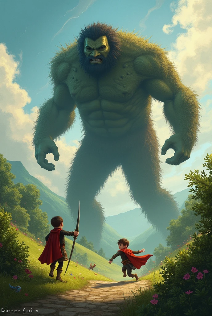 A BOOK COVER,with a giant behind, a prince running from the giant and a gnome hiding behind a bush from this create other images