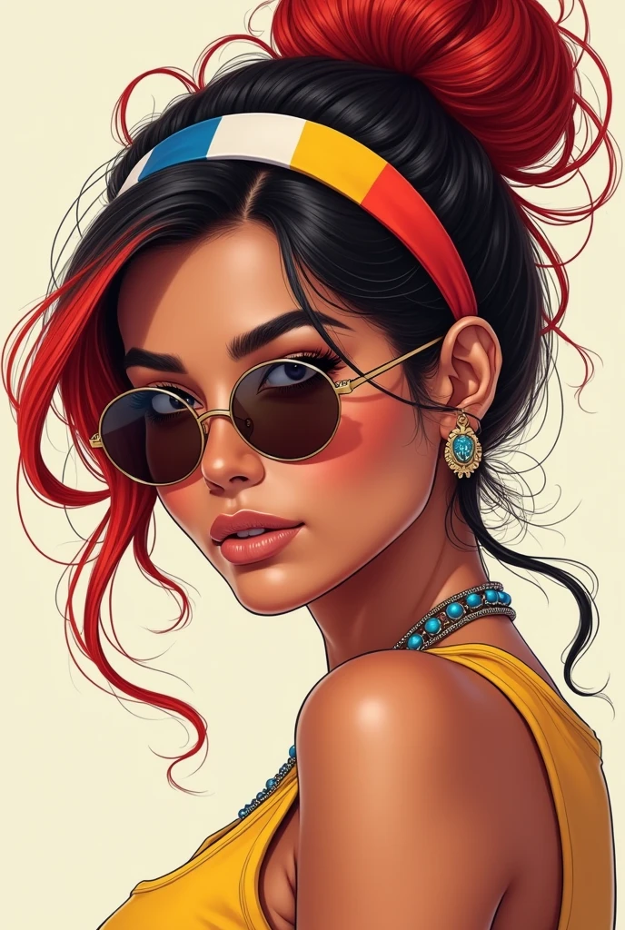 draw a illustrated portrait of a young woman with a stylish and vibrant appearance. She has red hair Tends to blackness tied up in a messy bun with some strands falling around her face. She is wearing a headband featuring the colors of the Hispanic Heritage Month flag, which matches her round sunglasses that also display the same flag colors. Her expression is neutral, and she is dressed in a sleeveless top. The overall style has a modern and trendy vibe with a hint of national pride.