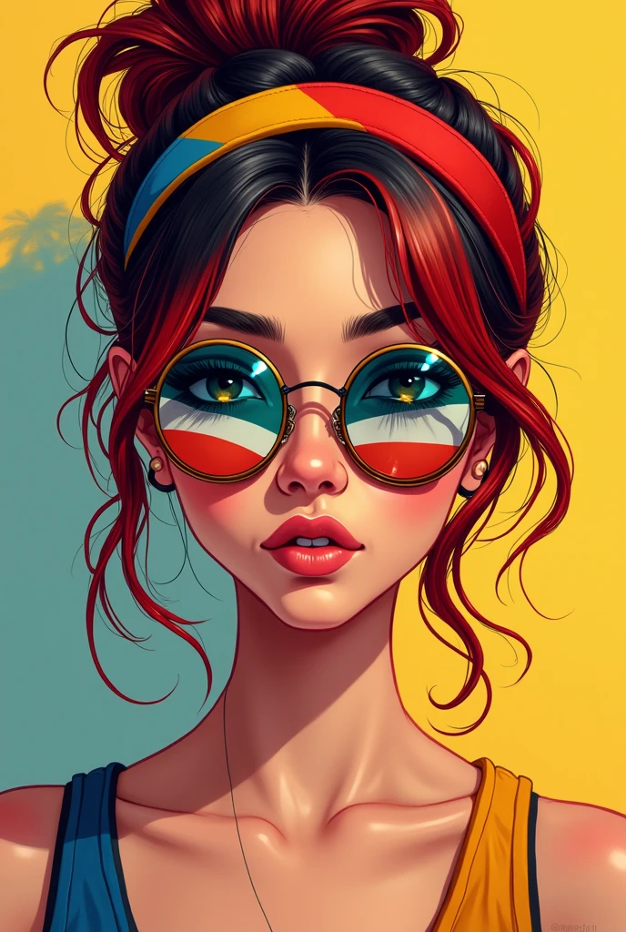 draw a illustrated portrait of a young woman with a stylish and vibrant appearance. She has red hair Tends to blackness tied up in a messy bun with some strands falling around her face. She is wearing a headband featuring the colors of the Hispanic Heritage Month flag, which matches her round sunglasses that also display the same flag colors. Her expression is neutral, and she is dressed in a sleeveless top. The overall style has a modern and trendy vibe with a hint of national pride.