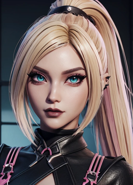 Imvu woman has long blonde hair with pink streaks, she wears a gothic punk outfit but no hat and looks very sexy, she has green eyes and looks very lasciviously into the camera, she is standing next to an imvu man, who has short white hair, which he wears in a small ponytail and you can see that they are a couple. masterpiece,close up shot,imvu,4K,ultraHD,HD,very detailed,best picture
