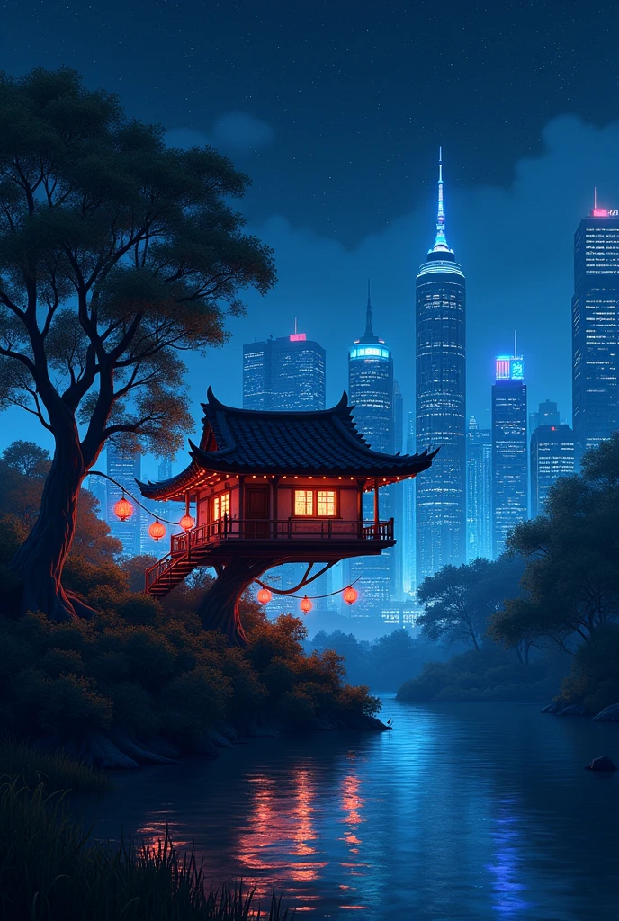 (photorealism:1.2), The image is a digital illustration of a city skyline at night. The sky is dark and so many stars on the sky , and the city is lit up with blue vibrant lights. In the foreground, there is a treehouse with a red roof and a balcony overlooking a body of water. The treehouse is surrounded by trees and bushes, and there are red lanterns hanging from the branches. The water is calm and reflects the lights of the city, creating a beautiful and serene atmosphere. The buildings in the background are tall and modern, with skyscrapers and other structures visible. The overall mood of the image is eerie and mysterious.