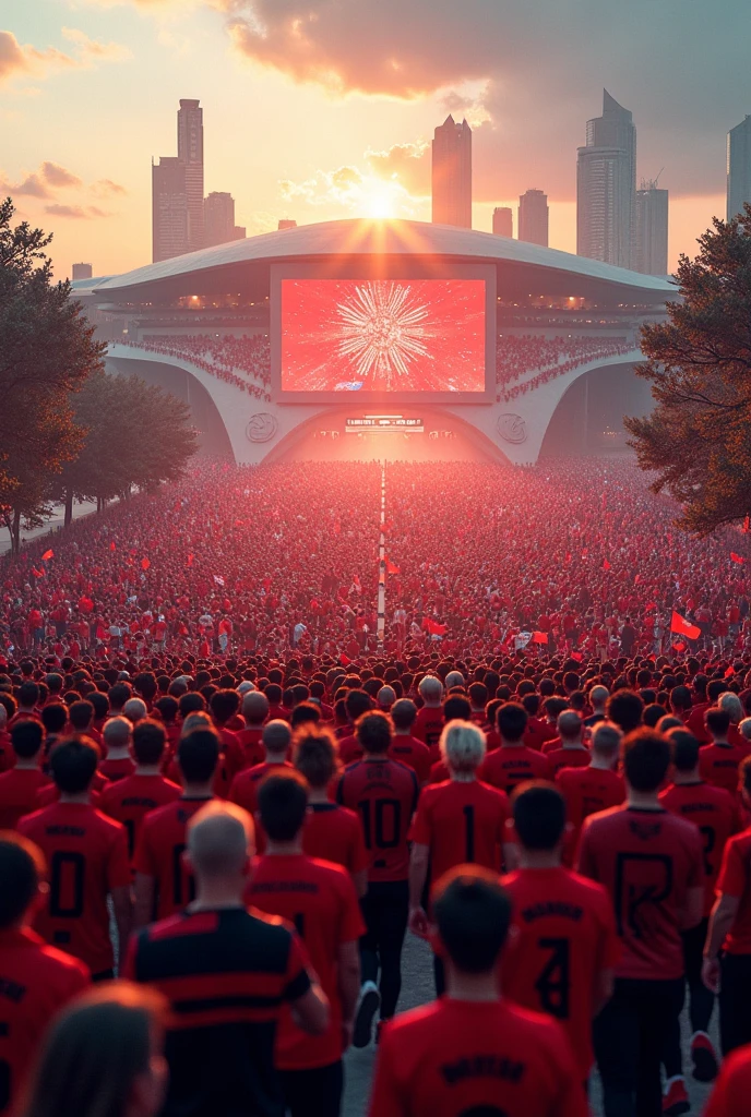 des milliers de supprters vêtus de rouge et noir se rendant vers un complexe sportif de volley-ball
