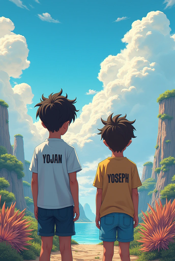 Two male children with the names of Yojan and Yoseph on the shirts, the one with the name Yojan has brown skin and the one with the name Yojan has white skin in futuristic anime mode in a beautiful landscape, Yojan a little older than Yoseph