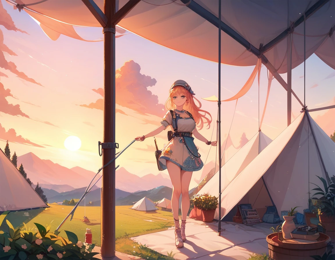 Masterpiece,best quality, ultra detailed,anime, Girl, outdoor outfit, tent, plateau, smile, morning sun, sunrise sky, The girl is looking in the direction of the morning sun,