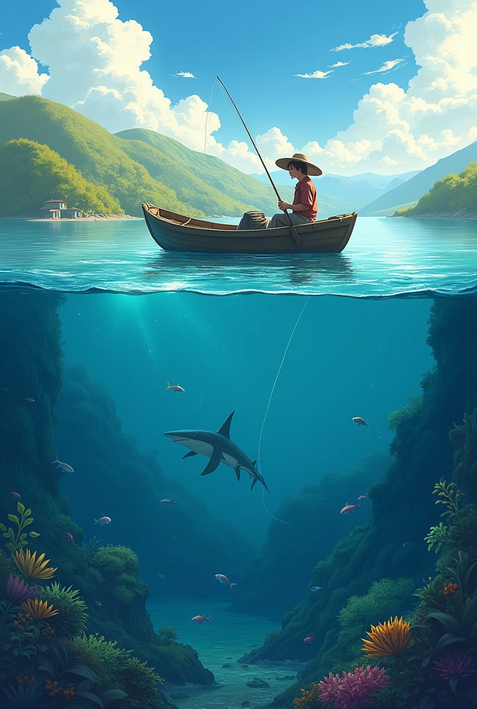 a fisherman with his boat on the water and under water a shark and many fish, arte anime