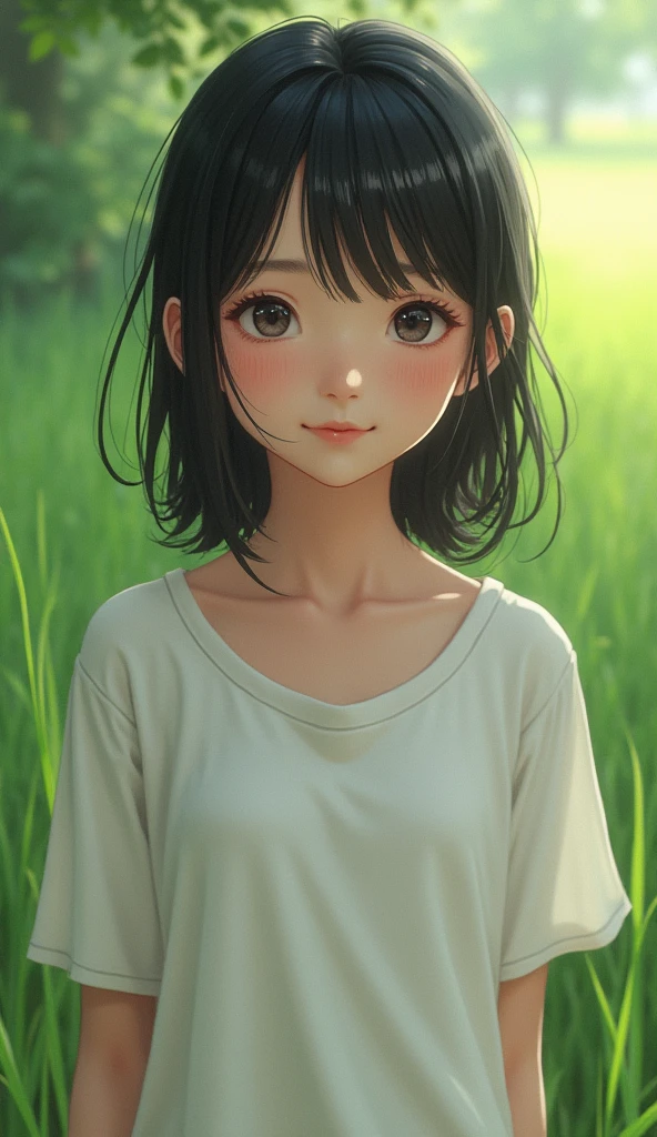 best quality,masterpiece,1girl,solo,(((9years old))),japanese girl,an extremely cute and beautiful girl,highly detailed beautiful face and eyes,petit,cute face,lovely face,baby face,shy smile,show teeth,black hair,medium short hair,flat chest,Hairless pussy,nipples sticking out on the clothes,no bra,no panties,skinny,slender,(((wearing a wet white skin tight t-shirt and without any undies))),(((standing in a grass field))),she is looking at the viewer