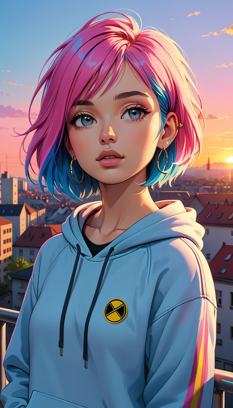 masterpiece, Highest quality, One Girl, Pink and blue hair, Mouth closed, Earrings, have, hoop 、 jewelry, View your audience, shirt, short hair, Sunset alone, Upper Body, Wearing a hoodie 、Headphones Moderate Bust、German descent、Urban Background