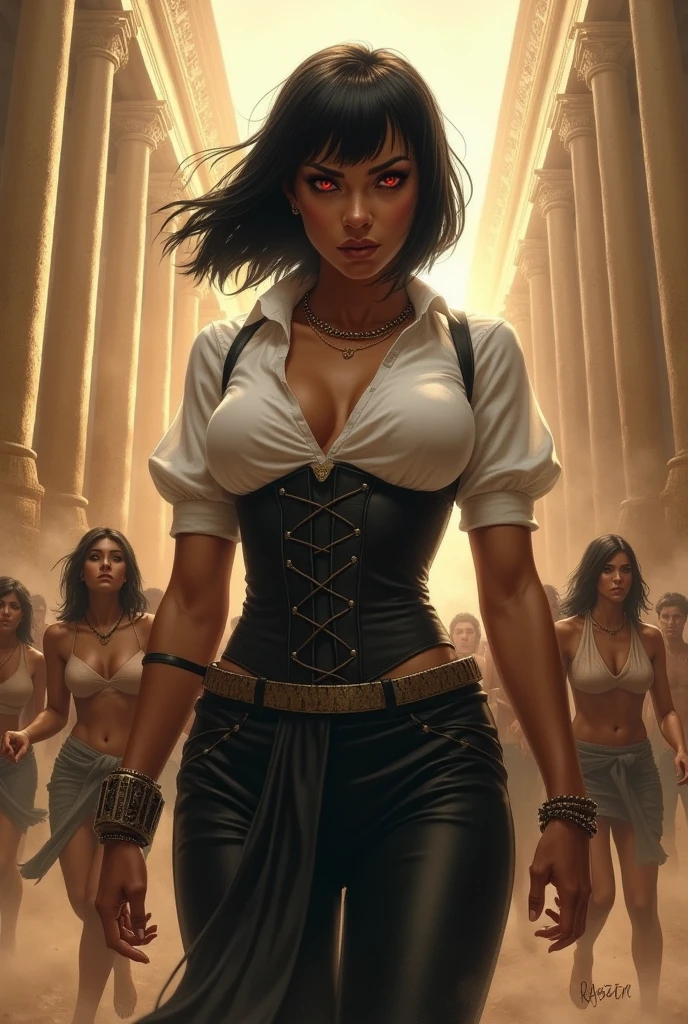 A muscular Egyptian woman wearing a white dress shirt and a black corset, wears black pants, His eyes are red and his skin is brown and he has short, masculine, black hair, she is in a frenzy as people run away from her