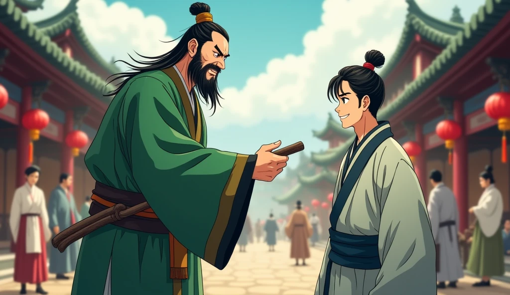Antique anime style,Men in ancient costume,Tang Chang'an,Ancient Market,People coming and going,The busy Dongshikou Street。A tall man in a green gown,A fierce and ferocious man,Holding a wooden stick and pointing at a young man,This young man is wearing light grey coarse cloth,The hair is tied in an ancient style bun。Dark blue belt。With a weak smile on his face,Second Dimension