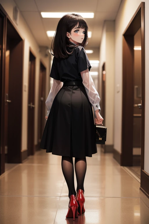 Top Quality, 1girl, full body, from behind,(Hollow skin), bright, blur background, (hair:1.5), black hair, maxi green skirt with tights, louboutin high heels ,superb, in office corridor, working secretary
