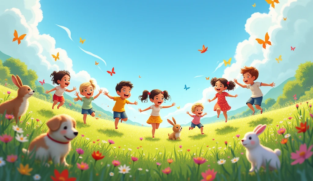 Create an image of a vibrant outdoor scene where children and animals are joyfully running and playing together. The setting should be a lush, green field with bright blue skies, colorful wildflowers, and a few playful butterflies. The scene should convey a sense of happiness and carefree fun in the great outdoors.