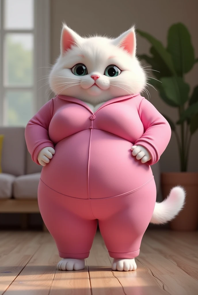 white cat , has big breasts and thighs and wears short shirt and shorts standing on both legs with living room background