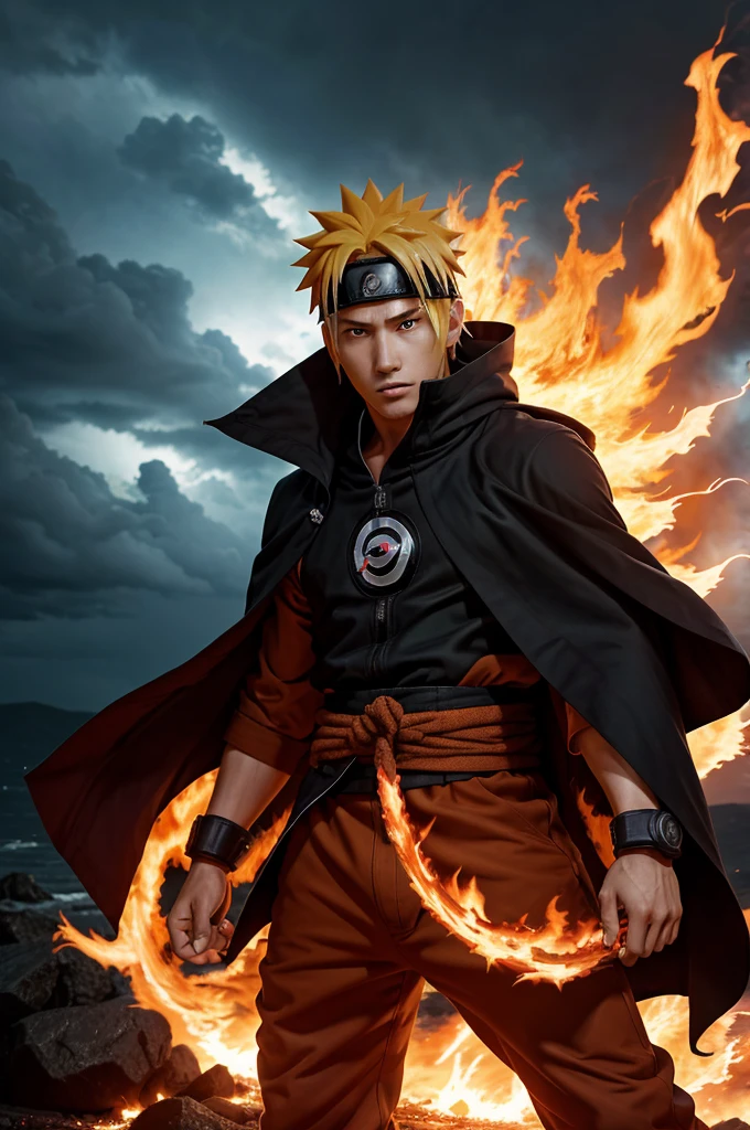Naruto Uzumaki, engulfed in swirling flames and wind, stands tall with determination in his eyes. His cloak billows dramatically, and the flames around him dance in the wind, creating a dynamic and powerful atmosphere. The background is a stormy sky, with streaks of fire and gusts of wind highlighting his energy. The image is ultra HD, capturing the raw power and unstoppable spirit of Naruto