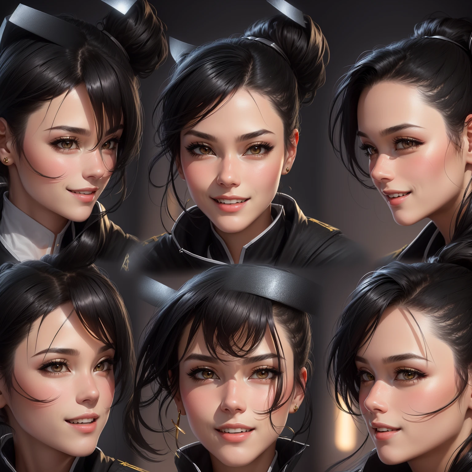 ((CHARACTER SHEET)), different facial expressions, PHOTO REALISTIC, BLACK HAIR GIRL, SMILING, 18K PONYTAIL, INTENSE PROFESSIONAL STUDIO LIGHT