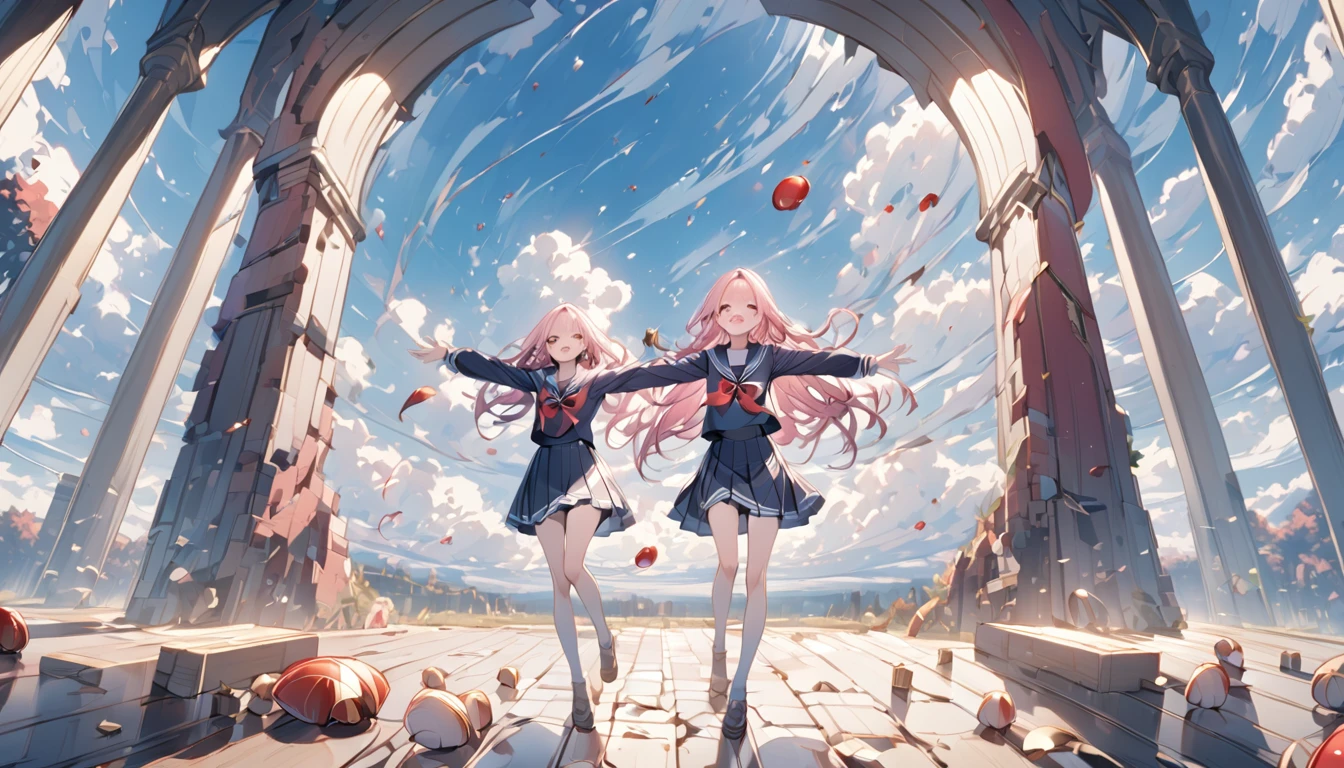 One Girl、Pink Hair、Long Hair、Black Sailor Suit、Sailor uniform with blue ribbon、With arms outstretched、smile、Countless shell casings are scattered at my feet.、Brick floor stretching to the horizon、Blue sky at daytime、Two eerie red moons floating in the daytime sky