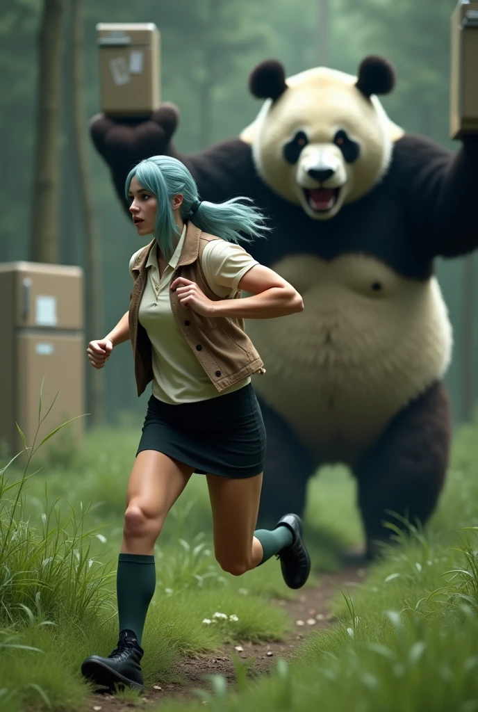 ((Highest quality)), ((Woman with pigeons on her head)), ((Giant panda holds up a refrigerator with both hands)), (Angry Giant Panda), A giant panda chases after you, A pigeon-headed woman sprints away from a giant panda, A pigeon-headed woman is wearing an off-white collared short-sleeved shirt, a light brown vest, a knee-length black skirt, dark green socks and black shoes., Muscular pigeon-headed woman, The background is a grassy forest, ((horror movie posters)), Photorealistic images,