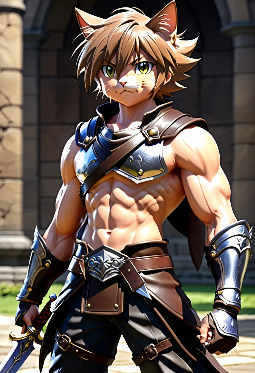 young,, Cat ear, (, sweating), Trained abdominal muscles, Chiseled pectoral muscles, 真swordな表情, ((3D anime art style)), sword, Combat Stance, Leather Strap, Leather Armor,juvenile,Huge muscles,Huge erect penis