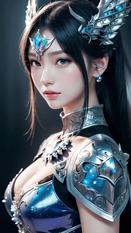 Close-up of woman in silver and blue dress, Chengwei Pan at Art Station, Jan J, Detailed fantasy art, Amazing character art, Fan Art Best Art Station, Magnificent and elaborate character art, Beautiful Armor, Highly detailed art gems, Detailed digital anime art, Art Station pixiv&#39;s artgerm, Girl in Armor
