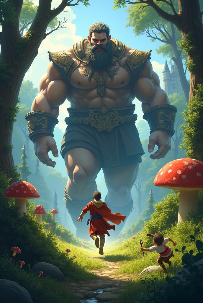 A BOOK COVER,with a giant behind, a prince running from the giant and a gnome hiding behind a bush 