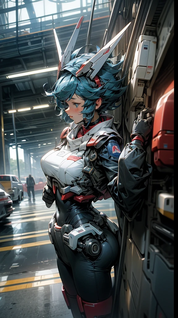 Future Technology,Technology Corridor,gundam driver,Japanese Girls,Blue short hair drifting,Big breasts,Blue driver's tights,blue coat,One hand on waist,8k,Super detailed,Fantasy special effects