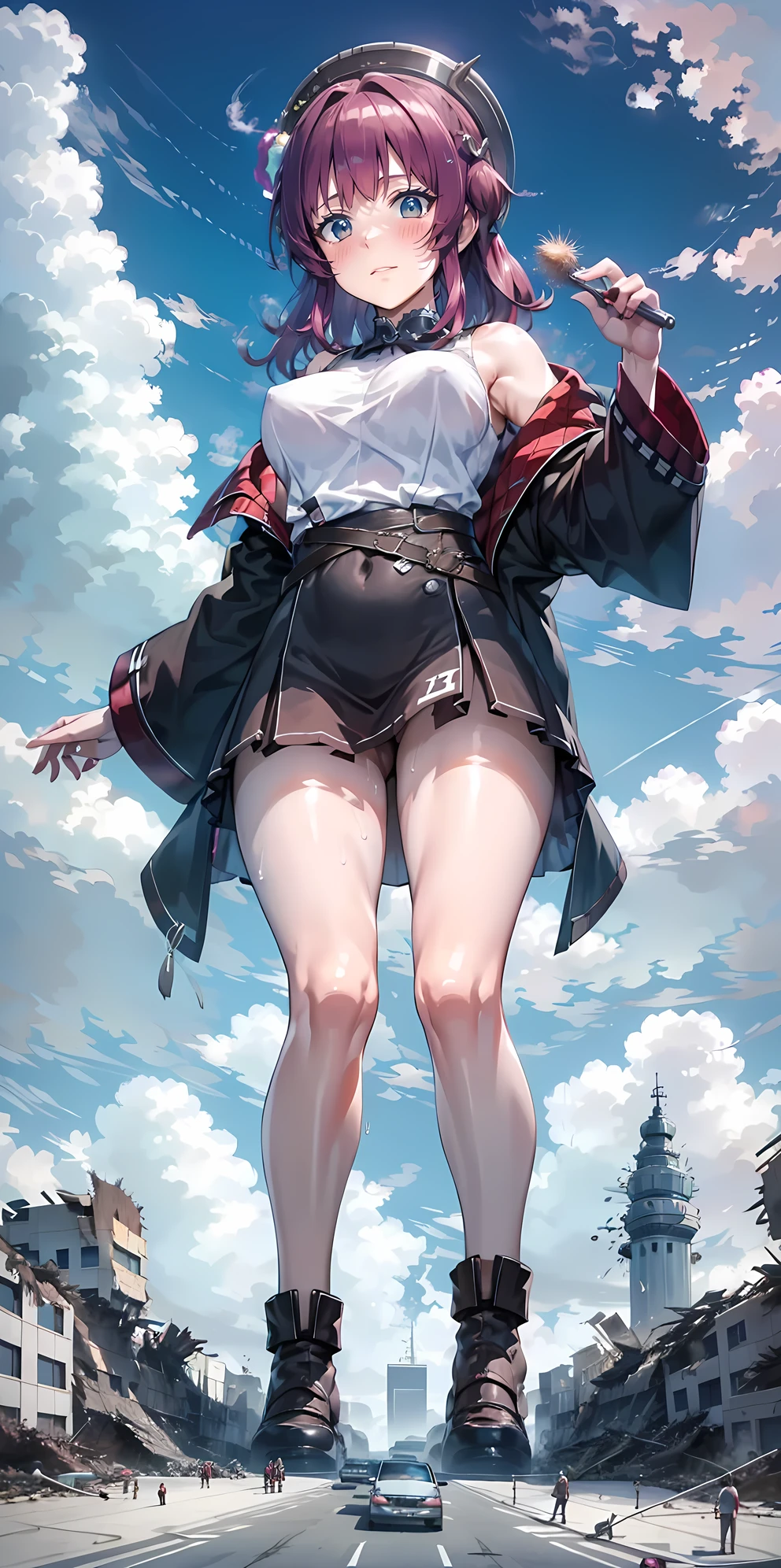 City of toys、(((Toy Army)))、(((A lot of tanks)))、Full body description、looking at the camera、Embarrassed、Sweat it out,Heterochromia iridis,shoulder,off-the-shoulder-coat,mini skirt, Half-open,Wicked Smile,blush,Open your mouth, sweating,Braid,Black High Leg,vapor,Red clothes,Sitting,Sitting,2-pin,Focus on the legs,Crossing your legs,Black Stockings,Ankle boots,Ocean(((Full body description)))、Fisheye Lens、looking at the camera、Embarrassed、(((Super huge breasts)))、(((Plump thighs)))、(((Bigger than a skyscraper)))((((、Ruins of rubble))))、Lots of big explosions、fire、cigarette、City streets、Traffic jam、street tree、Pedestrian bridge、Sweat it out、Miniature city,GTS,White socks,Fubuki1足の裏からvaporが出ている, Destroy a city, a very small big city, Miniature metropolis, Description of the whole body, GTS, giga ,Giant, Stomping City, Crush City, Small Town, Micro City, High resolution, Highest quality, masterpiece,